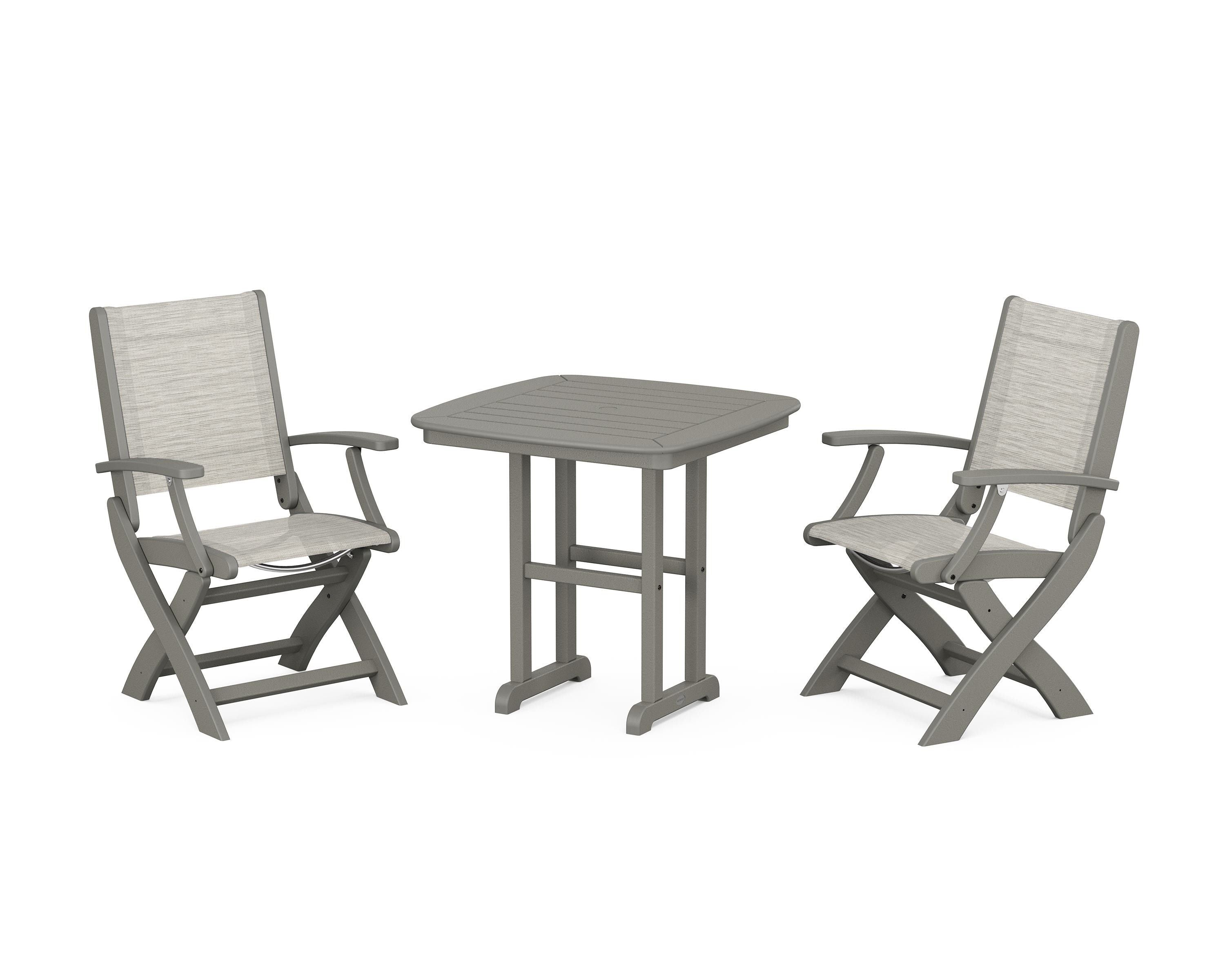 POLYWOOD® Coastal Folding Chair 3-Piece Dining Set in Slate Grey / Birch Sling