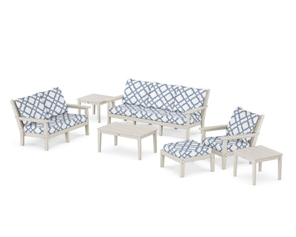 POLYWOOD® Chippendale 7-Piece Deep Seating Set in Sand / Trellis Sky Blue