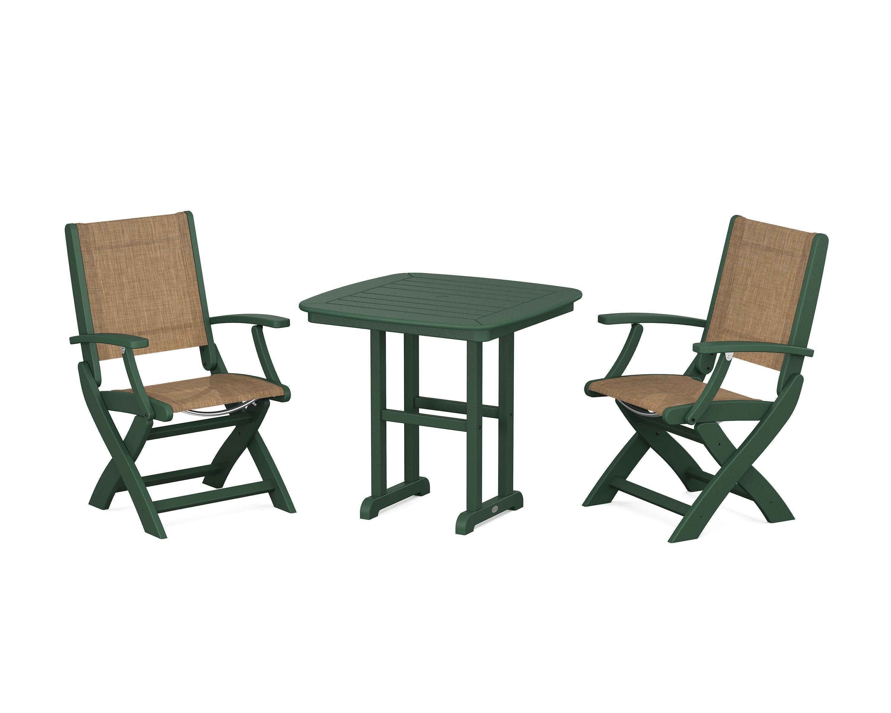 POLYWOOD® Coastal Folding Chair 3-Piece Dining Set in Green / Burlap Sling