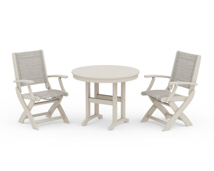 POLYWOOD® Coastal Folding Chair 3-Piece Round Dining Set in Sand / Birch Sling