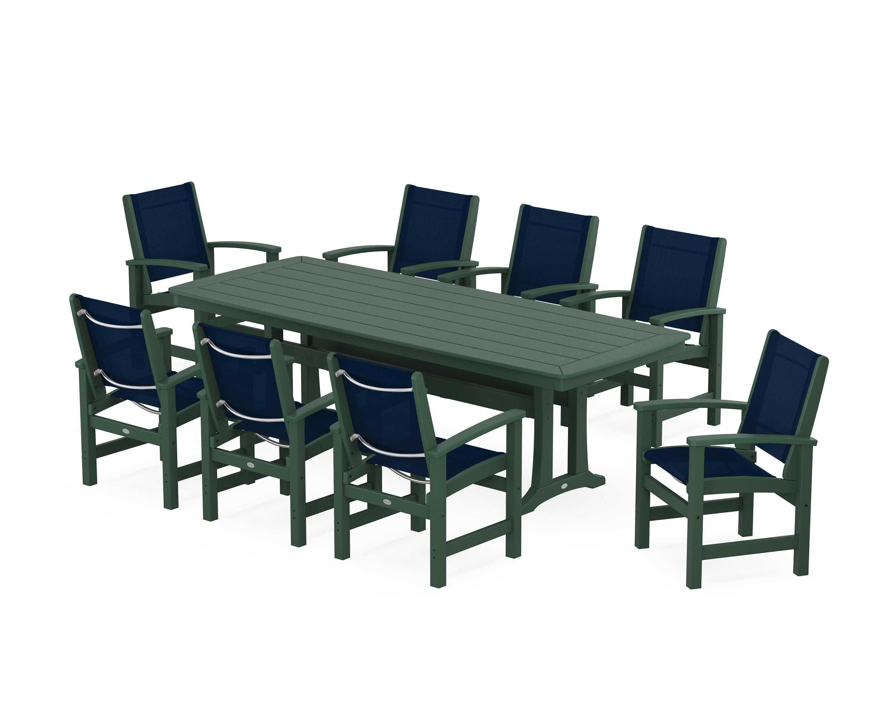 POLYWOOD® Coastal 9-Piece Dining Set with Trestle Legs in Green / Navy Blue Sling