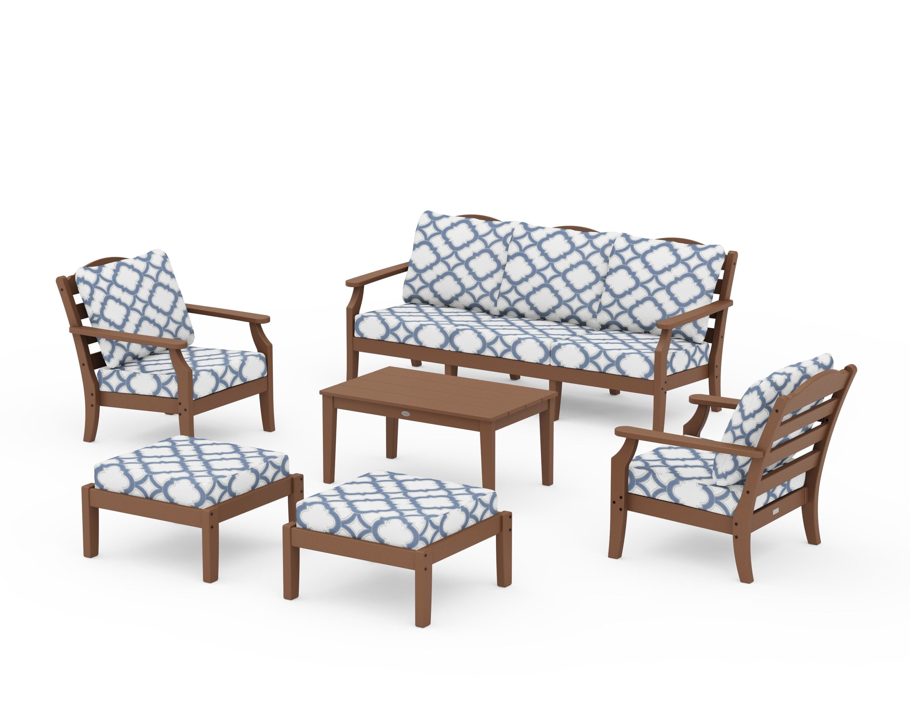 Draper James™ by  POLYWOOD® Savannah 6-Piece Lounge Sofa Set in Teak / Trellis Sky Blue