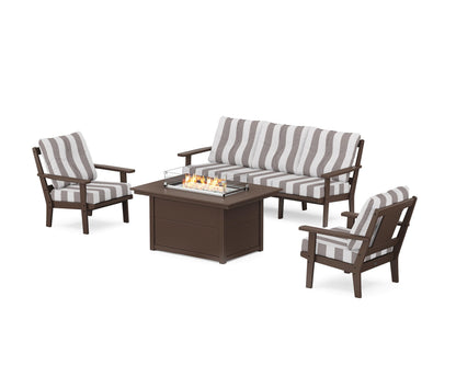 POLYWOOD® Prairie Deep Seating Fire Pit Table Set in Mahogany / Cabana Stripe Grey Mist