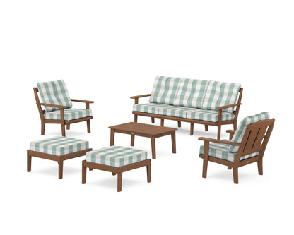 POLYWOOD® Mission 6-Piece Lounge Sofa Set in Teak / Buffalo Plaid Glacier Spa