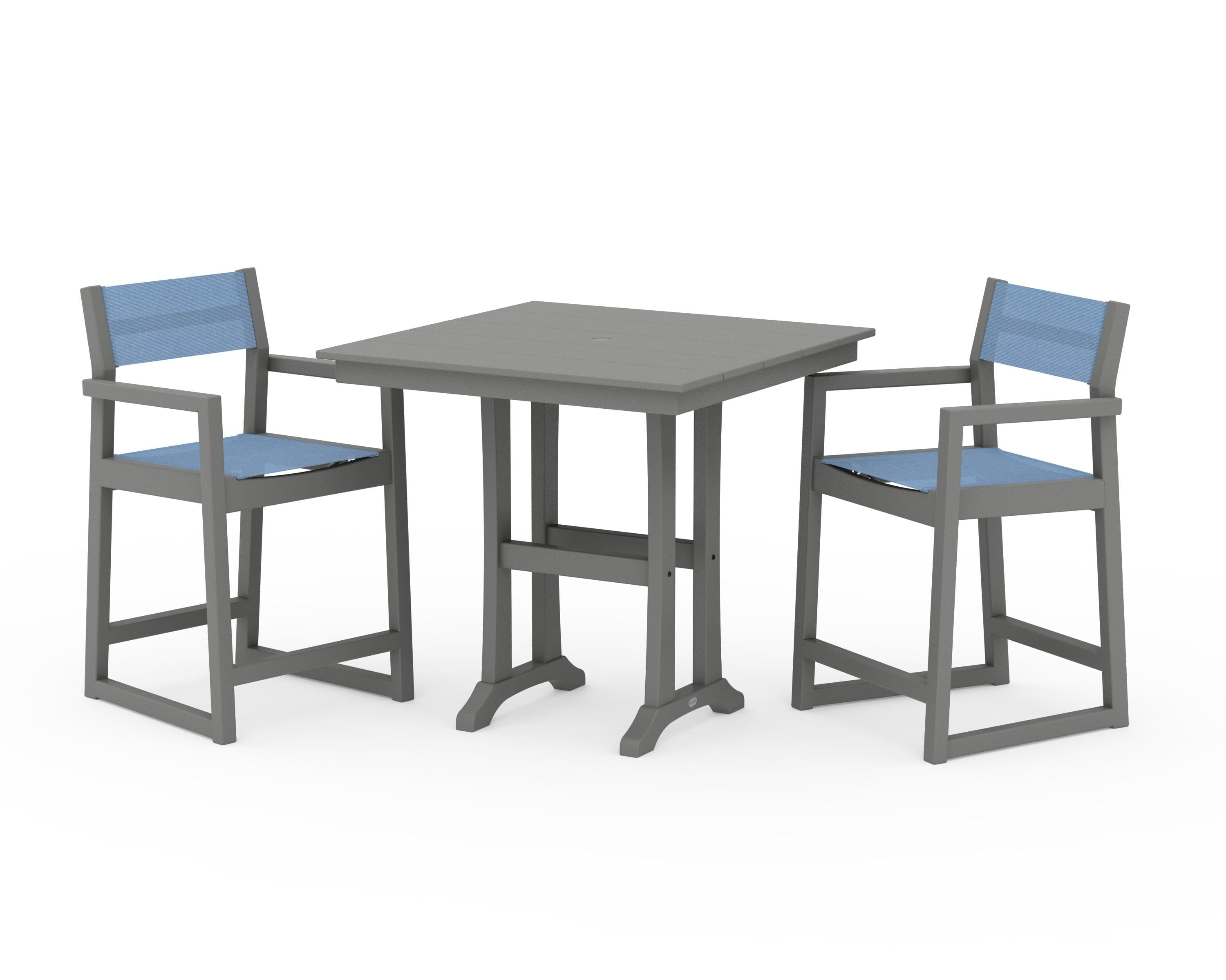 POLYWOOD® EDGE Sling Arm Chair 3-Piece Farmhouse Counter Set with Trestle Legs in Slate Grey / Poolside Sling