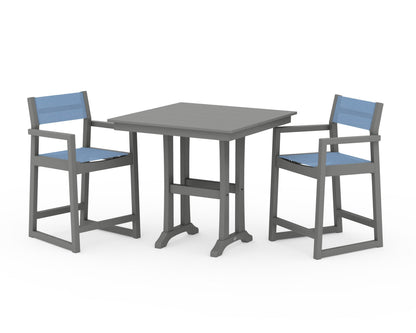 POLYWOOD® EDGE Sling Arm Chair 3-Piece Farmhouse Counter Set with Trestle Legs in Slate Grey / Poolside Sling