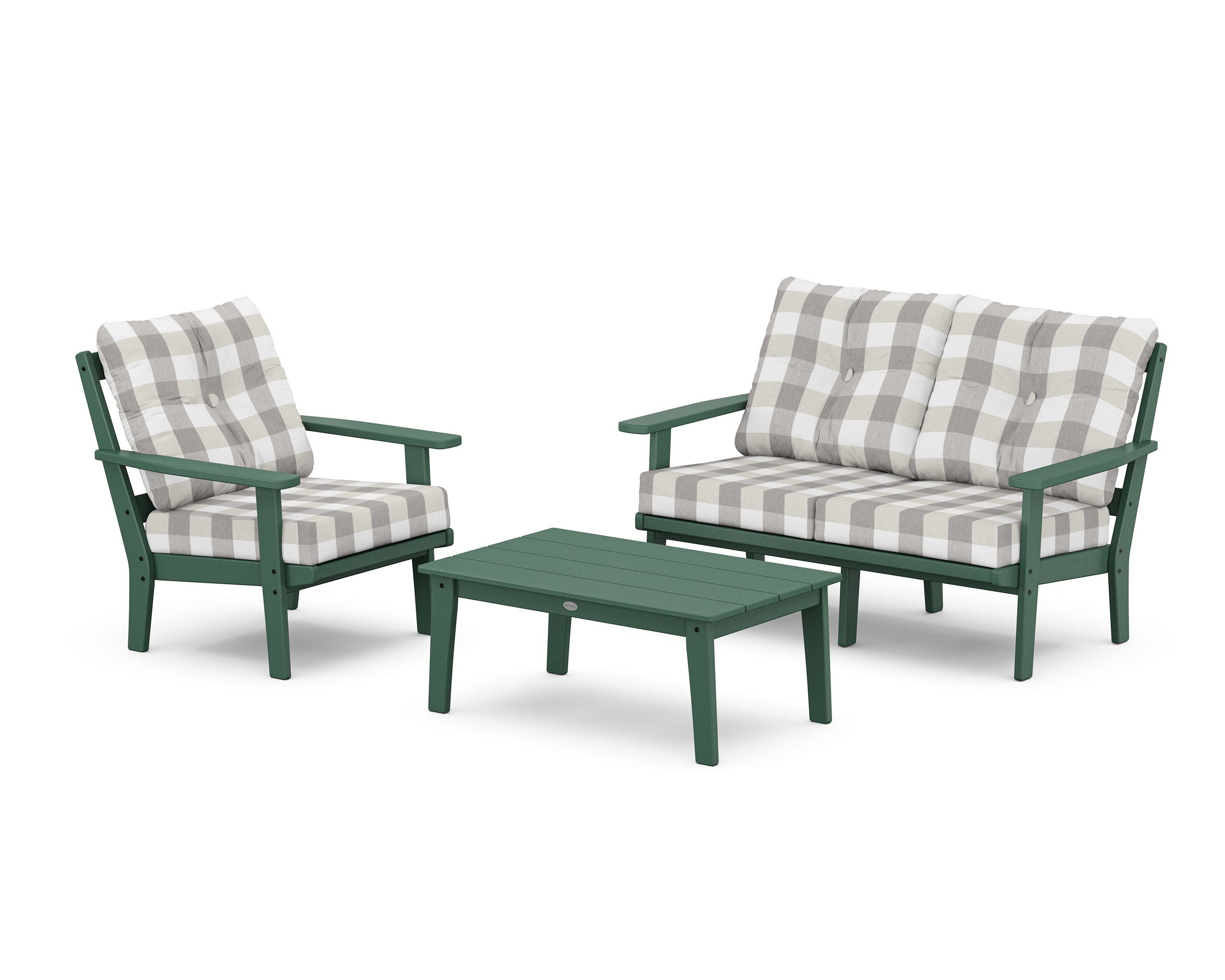 POLYWOOD® Prairie 3-Piece Deep Seating Set with Loveseat in Green / Buffalo Plaid Grey Mist