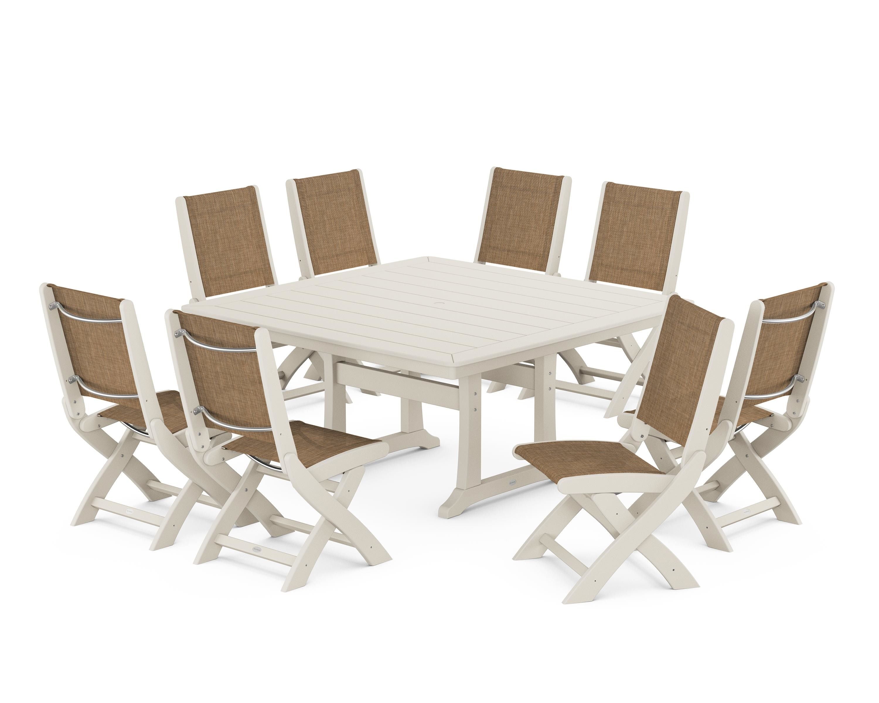 POLYWOOD® Coastal Folding Side Chair 9-Piece Dining Set with Trestle Legs in Sand / Burlap Sling
