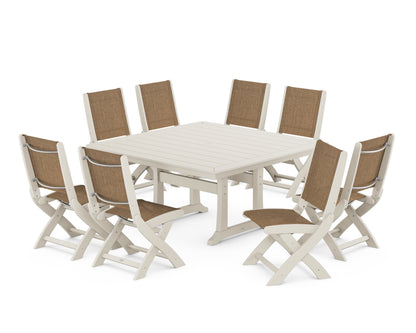 POLYWOOD® Coastal Folding Side Chair 9-Piece Dining Set with Trestle Legs in Sand / Burlap Sling
