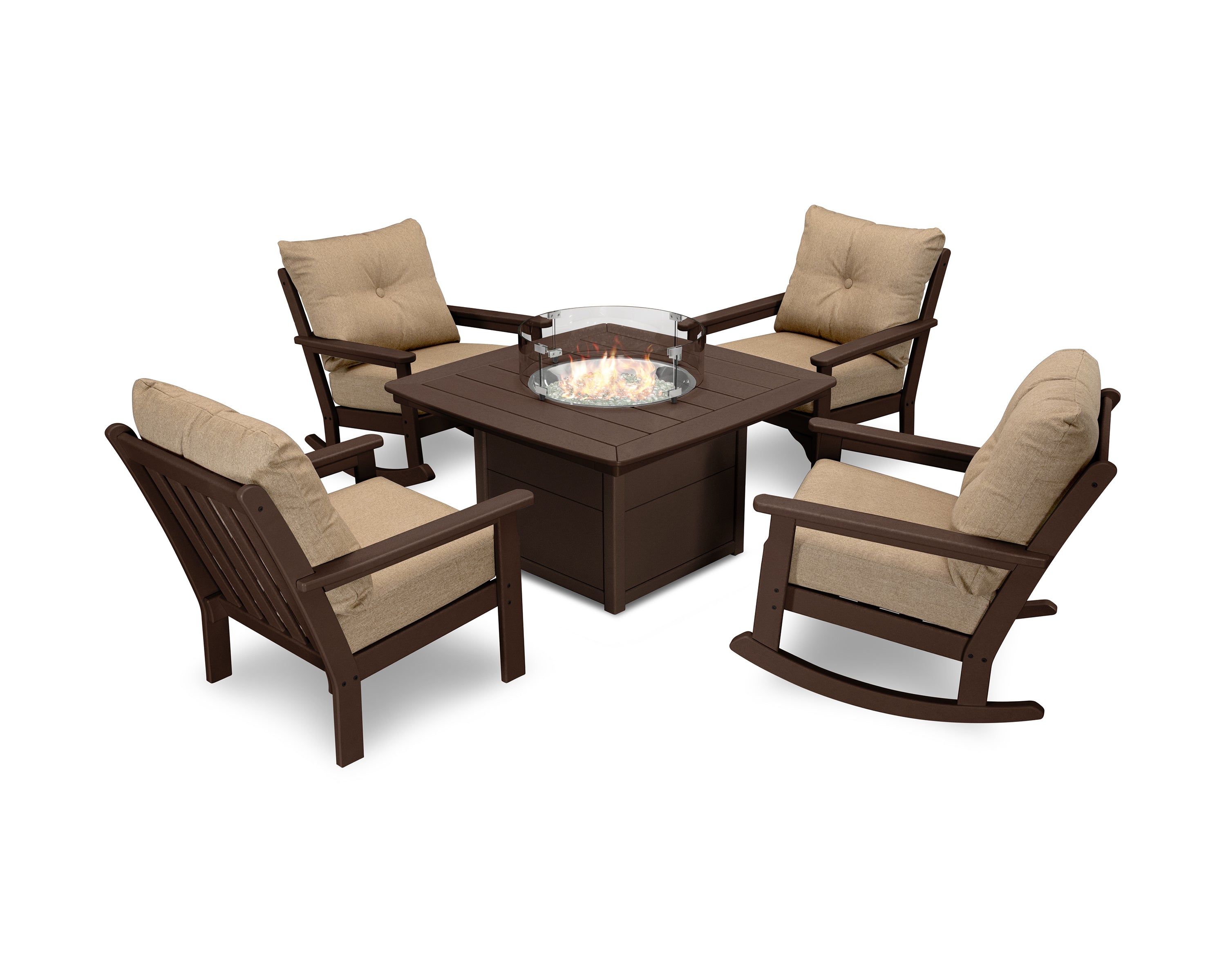 POLYWOOD® Vineyard 5-Piece Deep Seating Rocking Chair Conversation Set with Fire Pit Table in Mahogany / Sesame