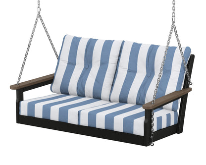 POLYWOOD® Vineyard Deep Seating Swing in Black / Kona / Cabana Stripe Sky Blue