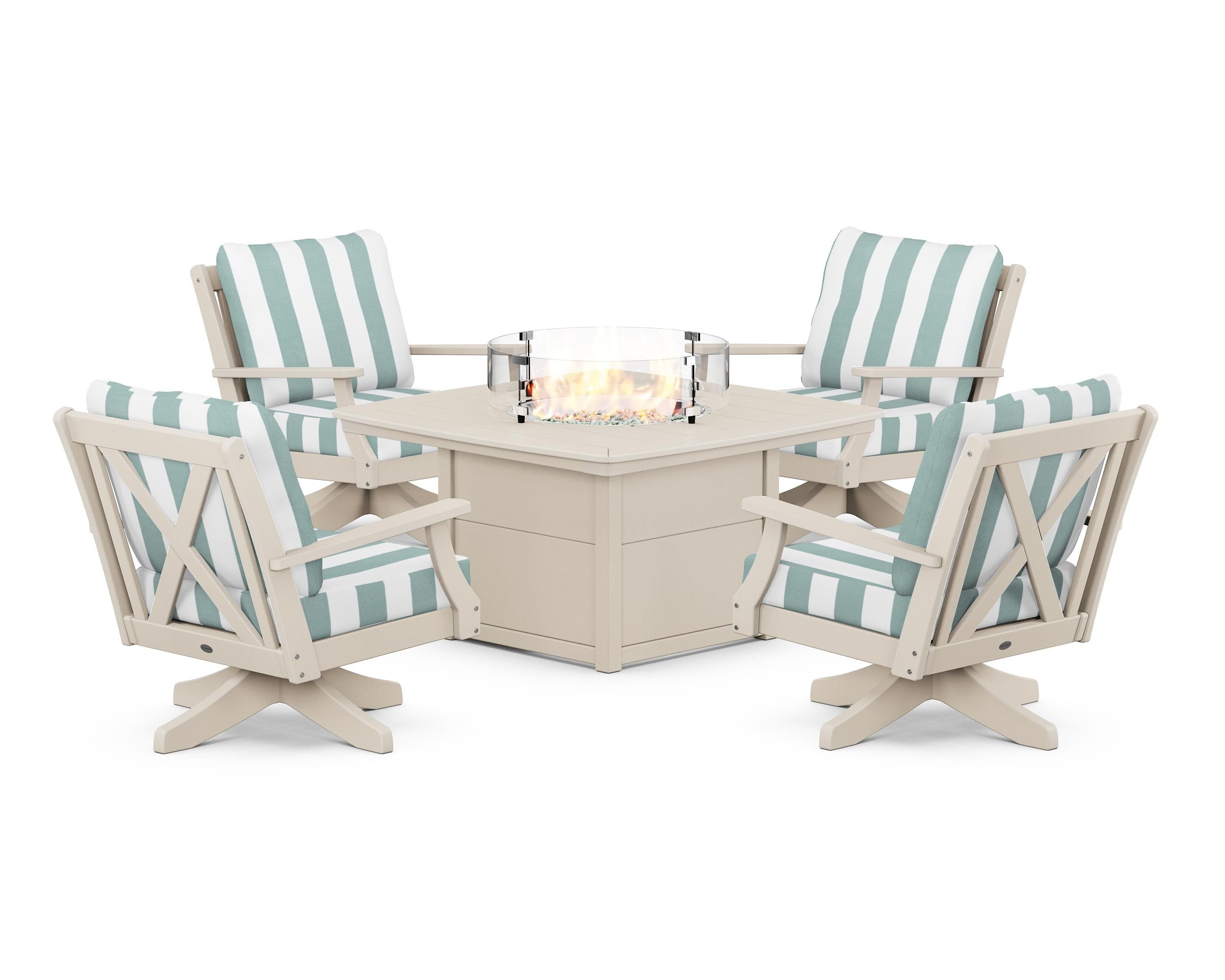 POLYWOOD® Braxton 5-Piece Deep Seating Swivel Conversation Set with Fire Pit Table in Sand / Cabana Stripe Glacier Spa