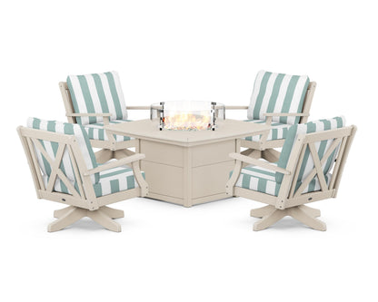 POLYWOOD® Braxton 5-Piece Deep Seating Swivel Conversation Set with Fire Pit Table in Sand / Cabana Stripe Glacier Spa