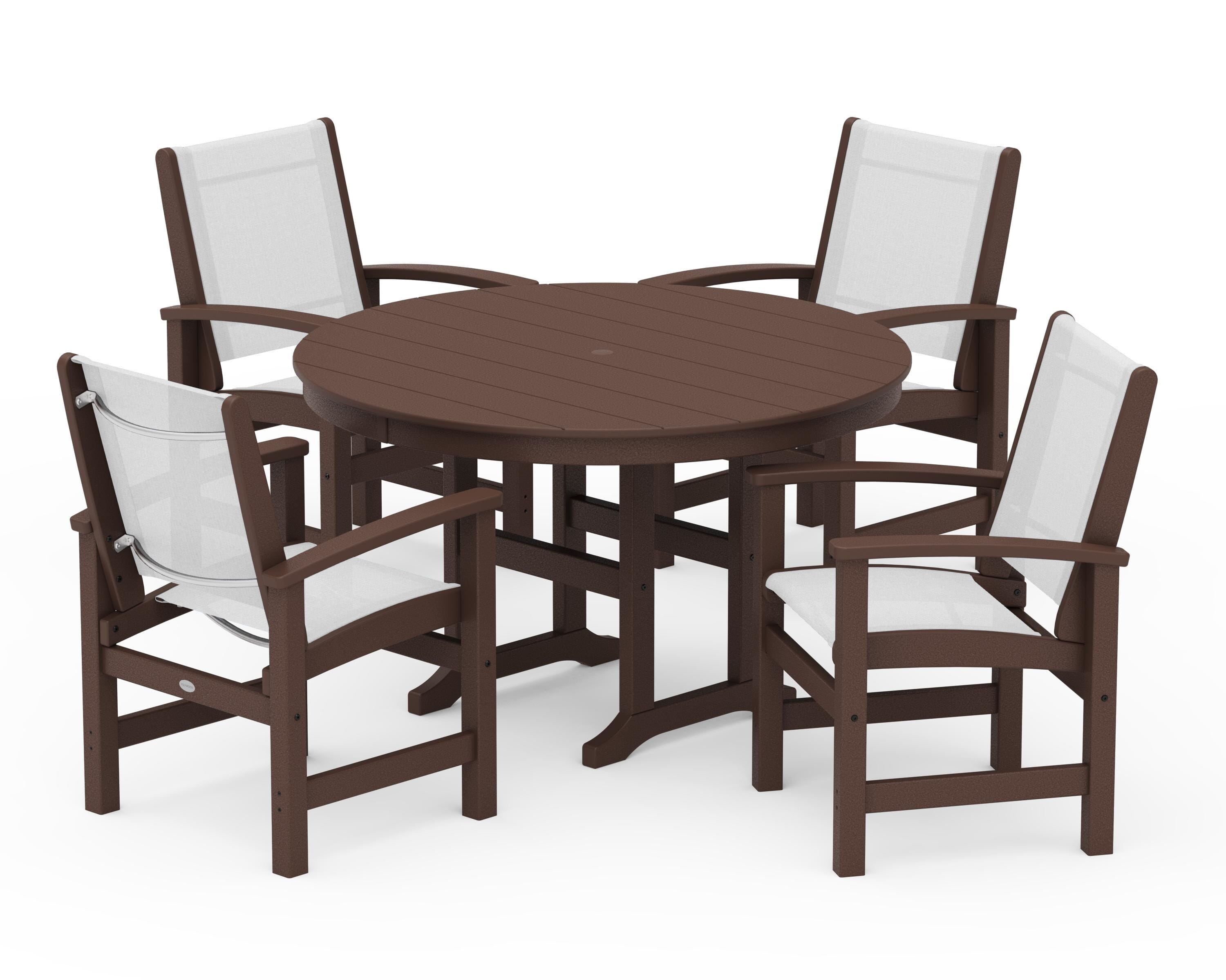 POLYWOOD® Coastal 5-Piece Round Farmhouse Dining Set in Mahogany / White Sling