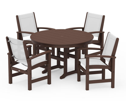 POLYWOOD® Coastal 5-Piece Round Farmhouse Dining Set in Mahogany / White Sling