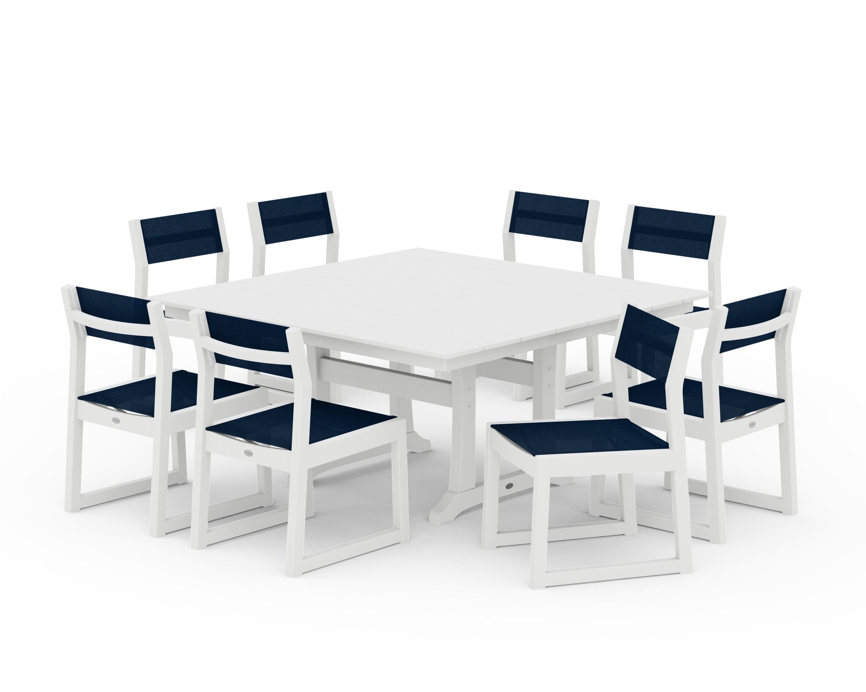 POLYWOOD® EDGE Sling Side Chair 9-Piece Farmhouse Trestle Dining Set in White / Navy Blue Sling