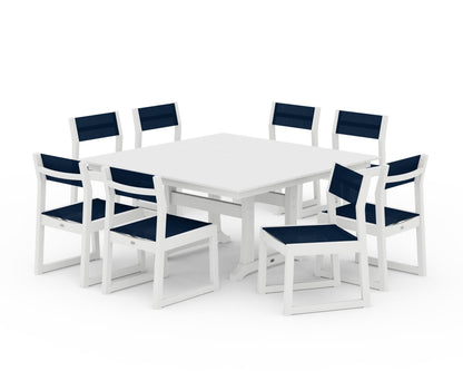 POLYWOOD® EDGE Sling Side Chair 9-Piece Farmhouse Trestle Dining Set in White / Navy Blue Sling