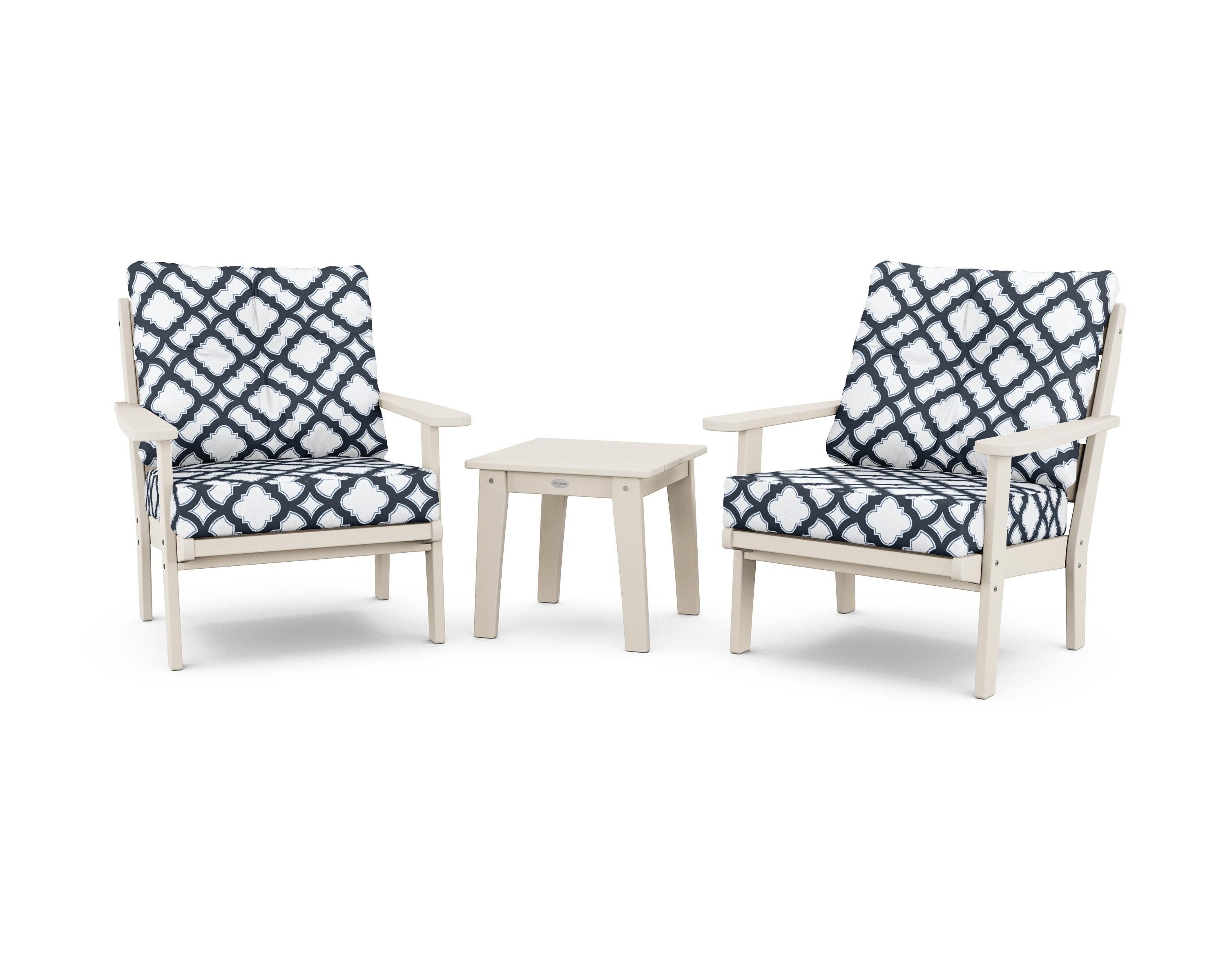 POLYWOOD® Lakeside 3-Piece Deep Seating Chair Set in Sand / Trellis Marine Indigo