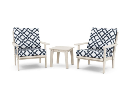 POLYWOOD® Lakeside 3-Piece Deep Seating Chair Set in Sand / Trellis Marine Indigo