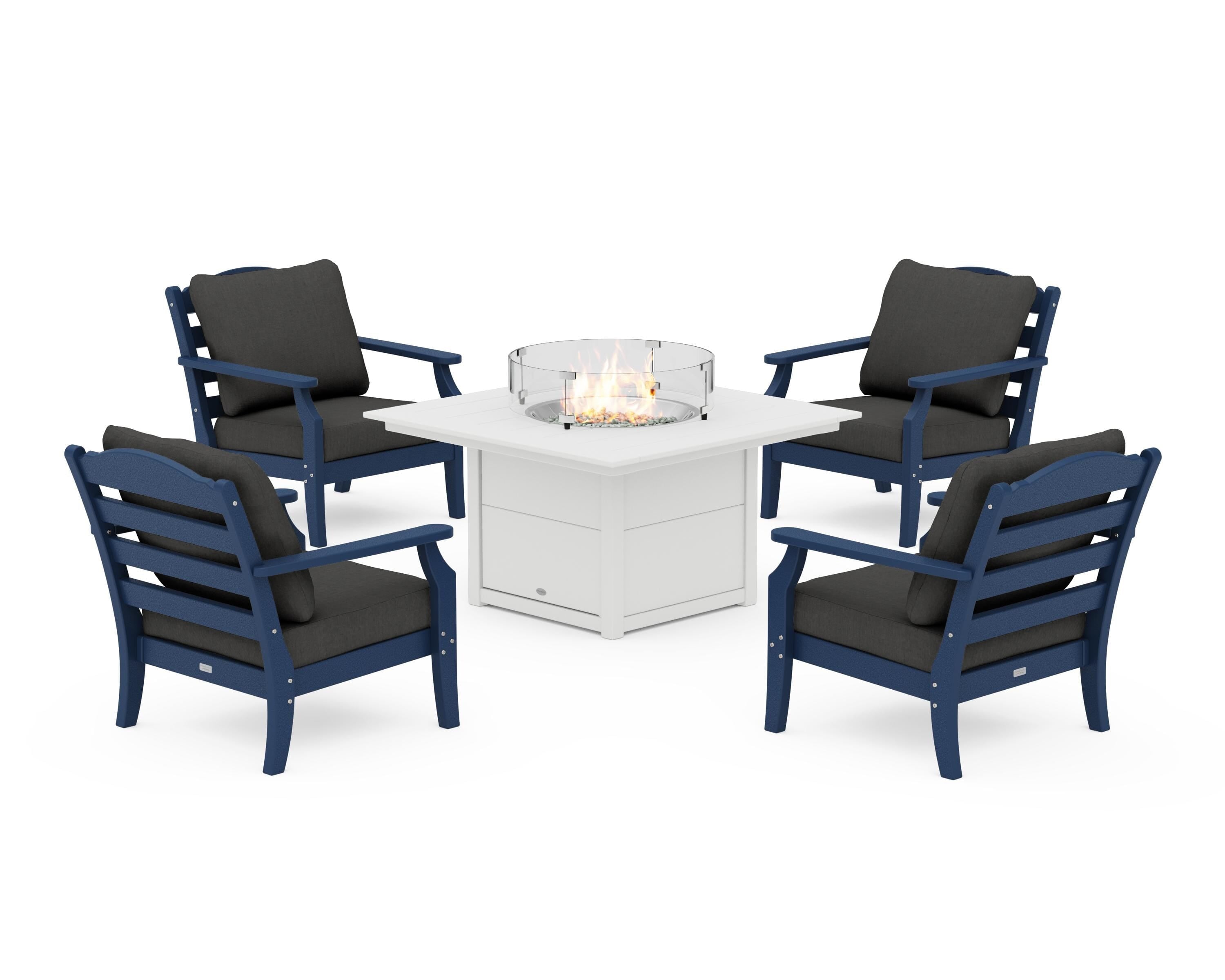 Draper James™ by  POLYWOOD® Savannah 5-Piece Deep Seating Set with Fire Pit Table in Navy / Spectrum Carbon