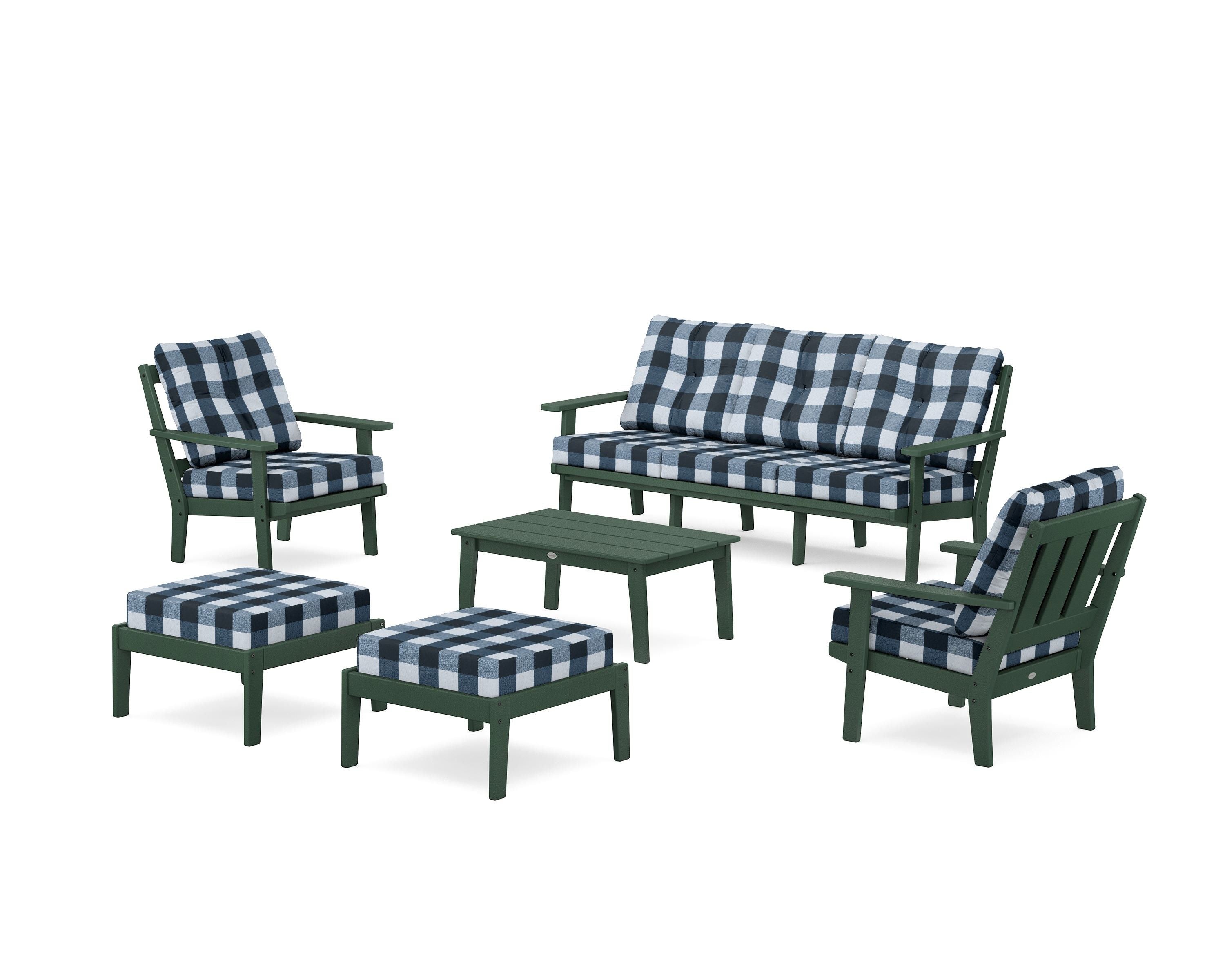 POLYWOOD® Oxford 6-Piece Lounge Sofa Set in Green / Buffalo Plaid Marine Indigo