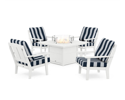 POLYWOOD® Mission 5-Piece Deep Seating Set with Fire Pit Table in White / Cabana Stripe Marine Indigo