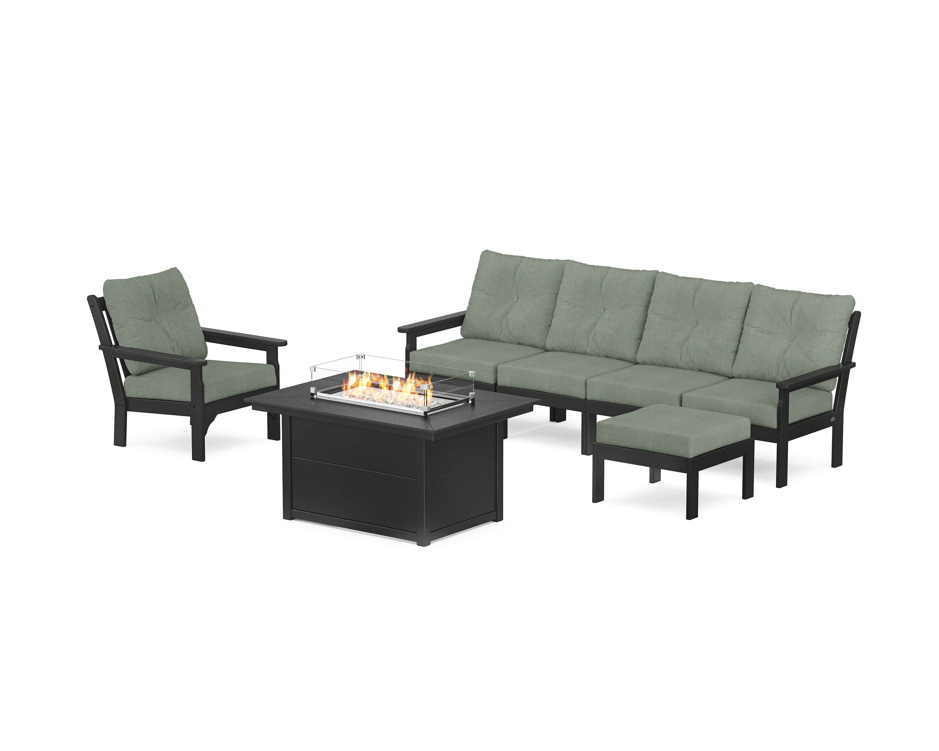 POLYWOOD® Vineyard Sectional Lounge and Fire Pit Set in Black / Cast Sage