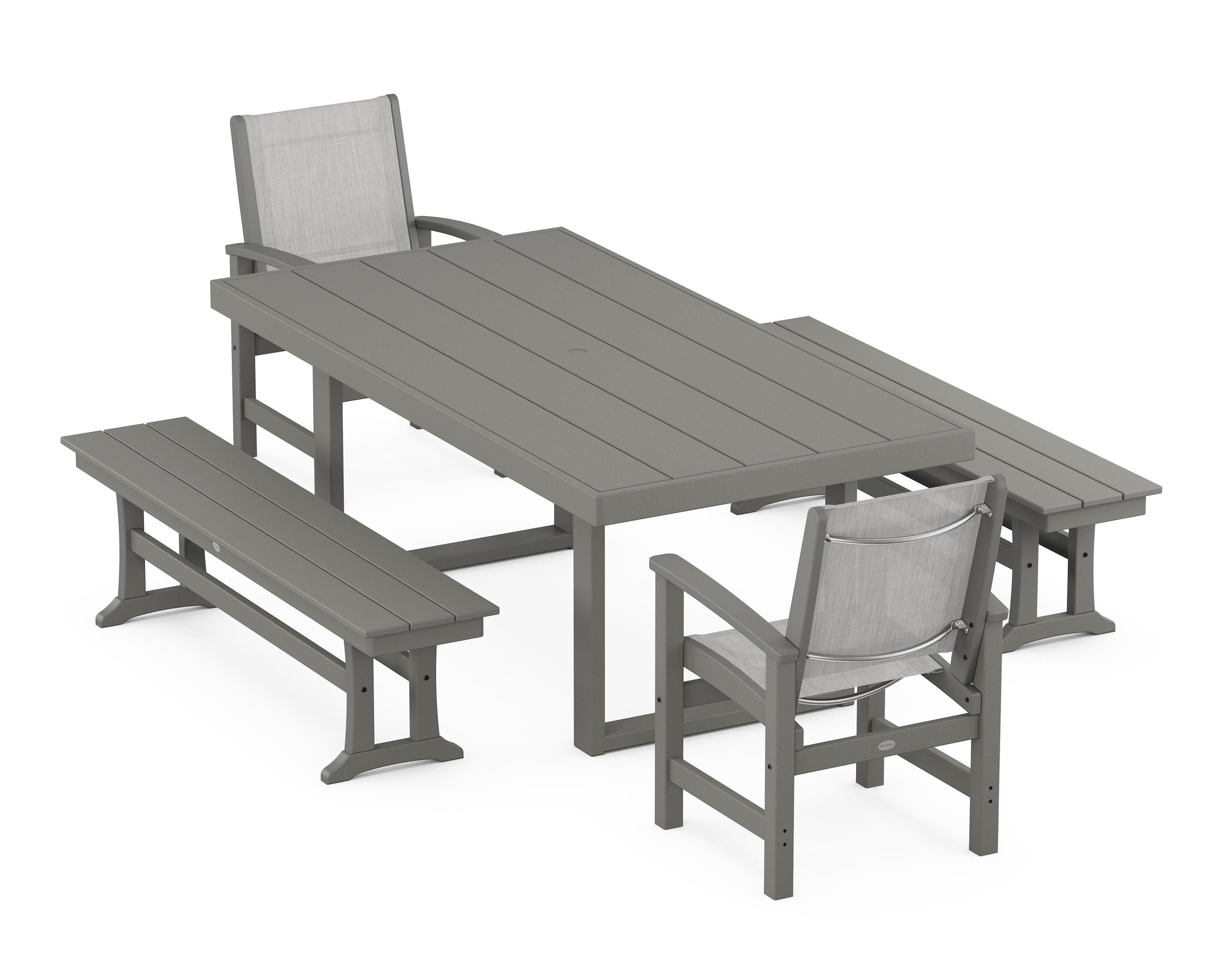 POLYWOOD® Coastal 5-Piece Dining Set with Trestle Legs in Slate Grey / Parchment Sling