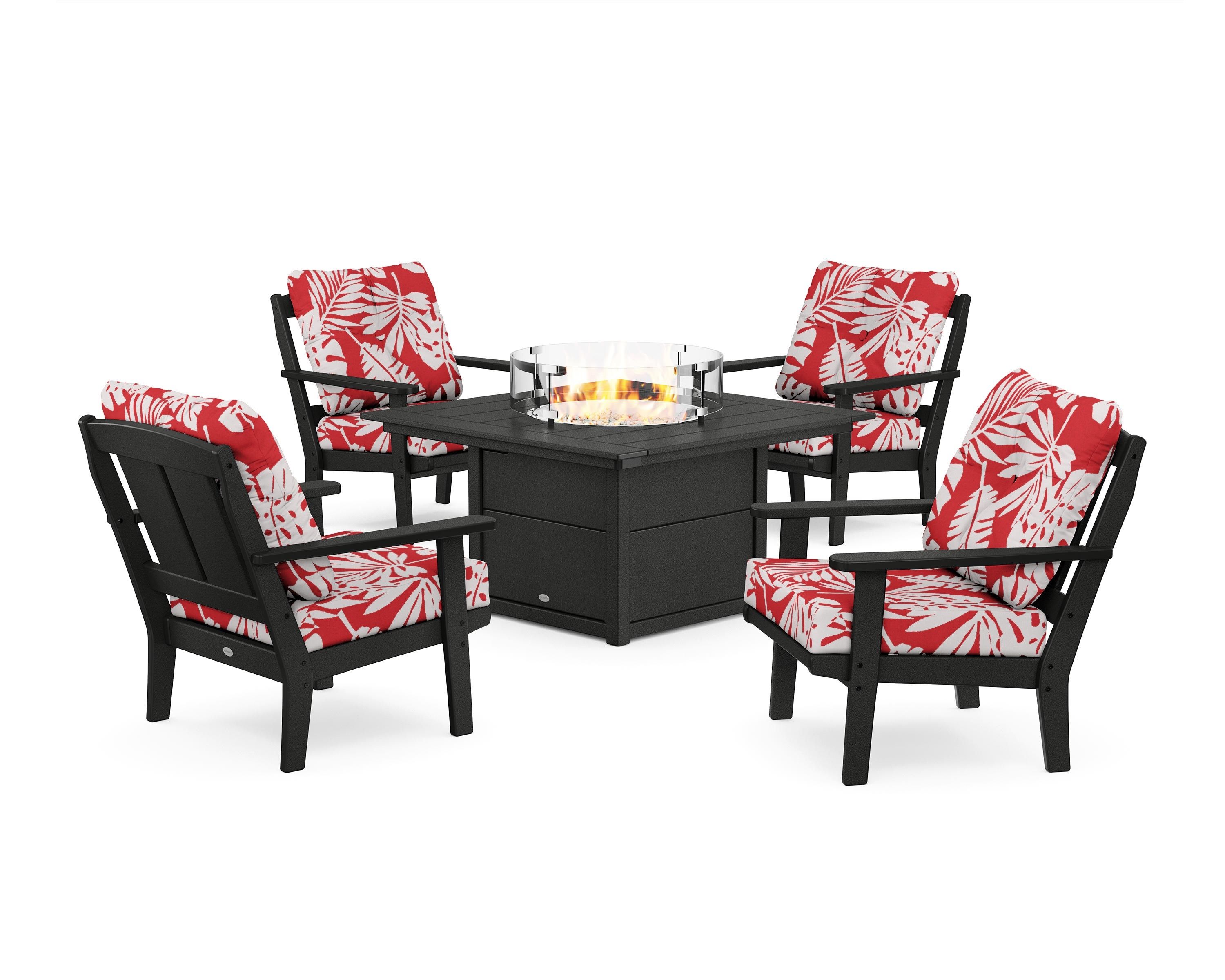POLYWOOD® Mission 5-Piece Deep Seating Set with Fire Pit Table in Black / Leaf Crimson