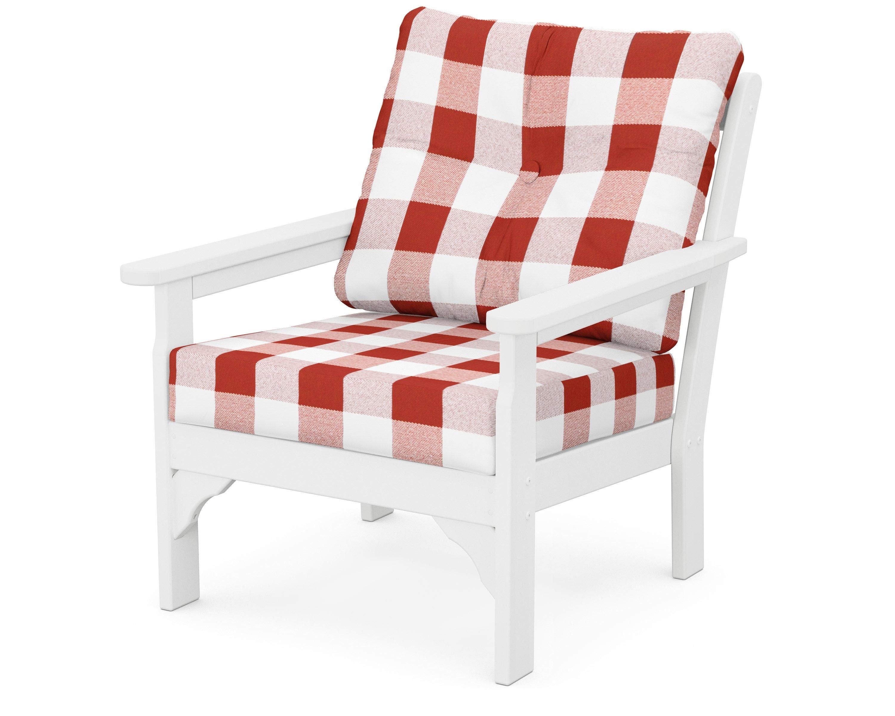POLYWOOD® Vineyard Deep Seating Chair in White / Buffalo Plaid Crimson