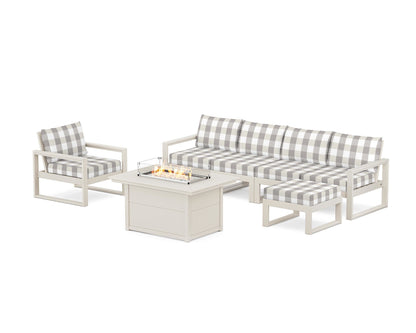 POLYWOOD® EDGE Sectional Lounge and Fire Pit Set in Sand / Buffalo Plaid Grey Mist