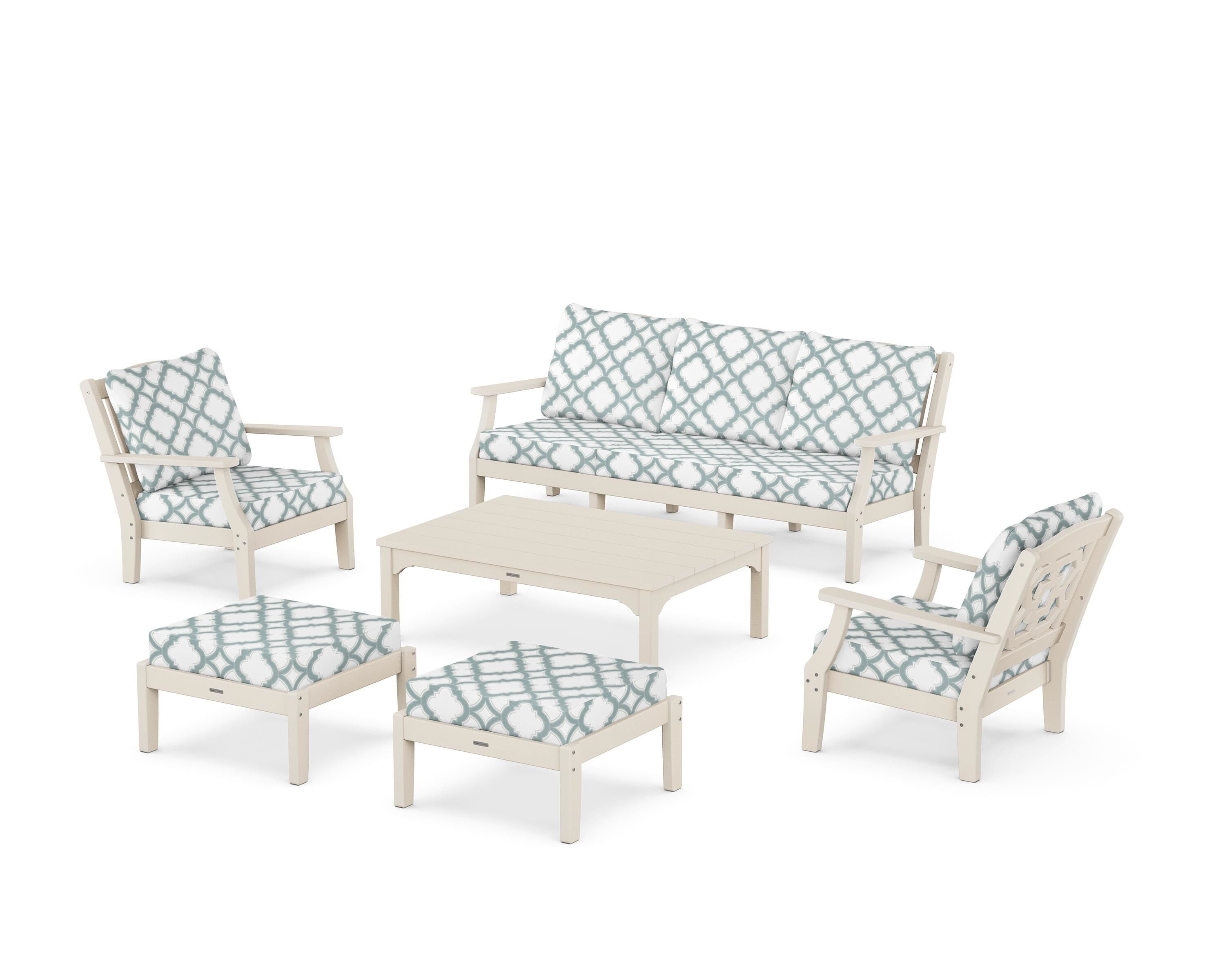 Martha Stewart by POLYWOOD® Chinoiserie 6-Piece Lounge Sofa Set in Sand / Trellis Glacier Spa
