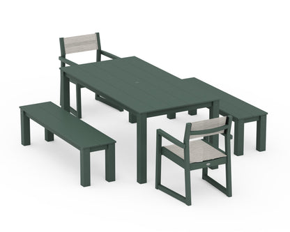 POLYWOOD® EDGE Sling Arm Chair 5-Piece Parsons Dining Set with Benches in Green / Birch Sling