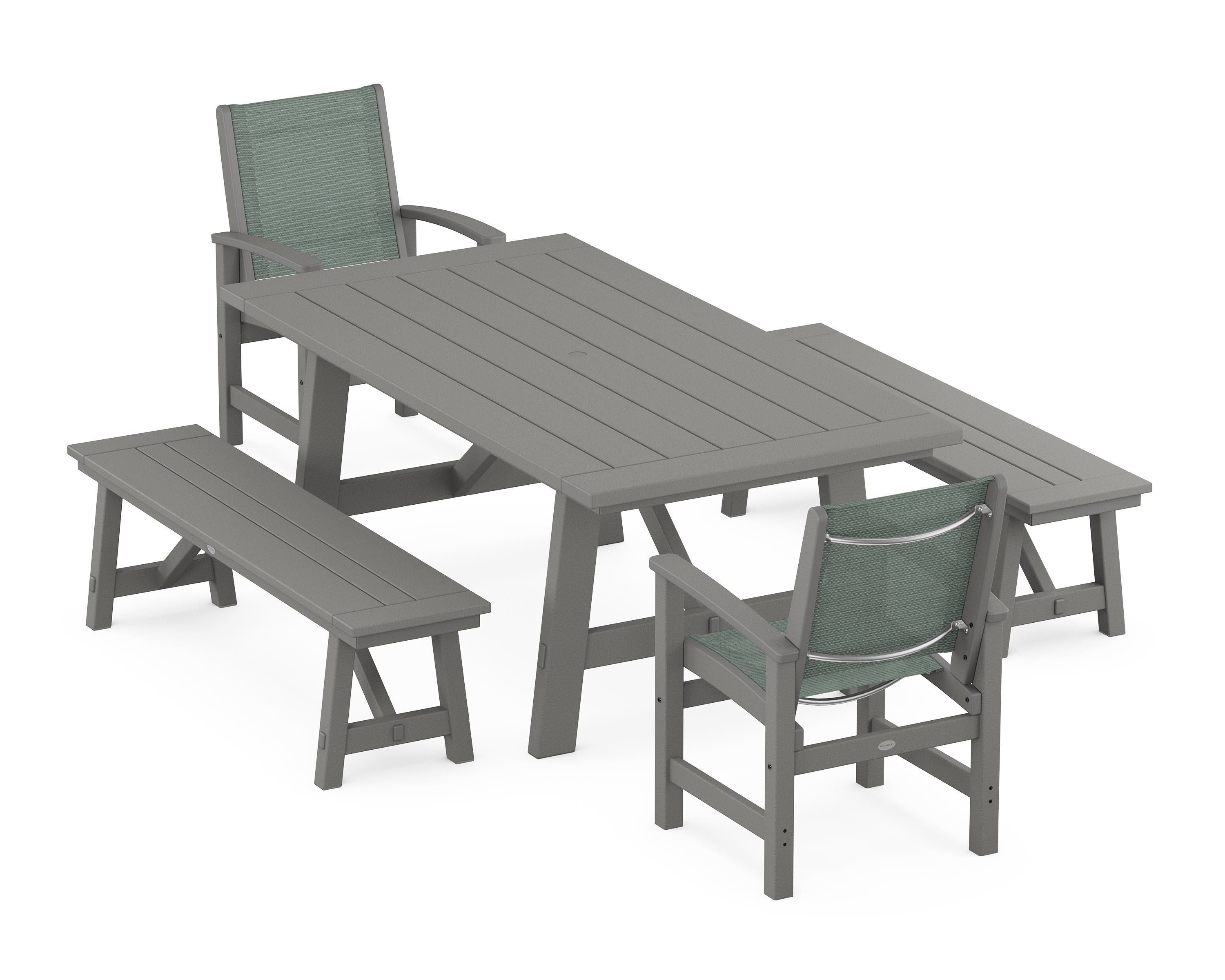 POLYWOOD® Coastal 5-Piece Rustic Farmhouse Dining Set With Benches in Slate Grey / Dupioni Sea Mist Sling