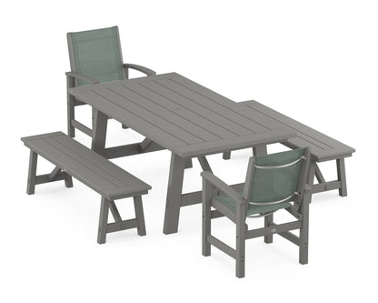 POLYWOOD® Coastal 5-Piece Rustic Farmhouse Dining Set With Benches in Slate Grey / Dupioni Sea Mist Sling