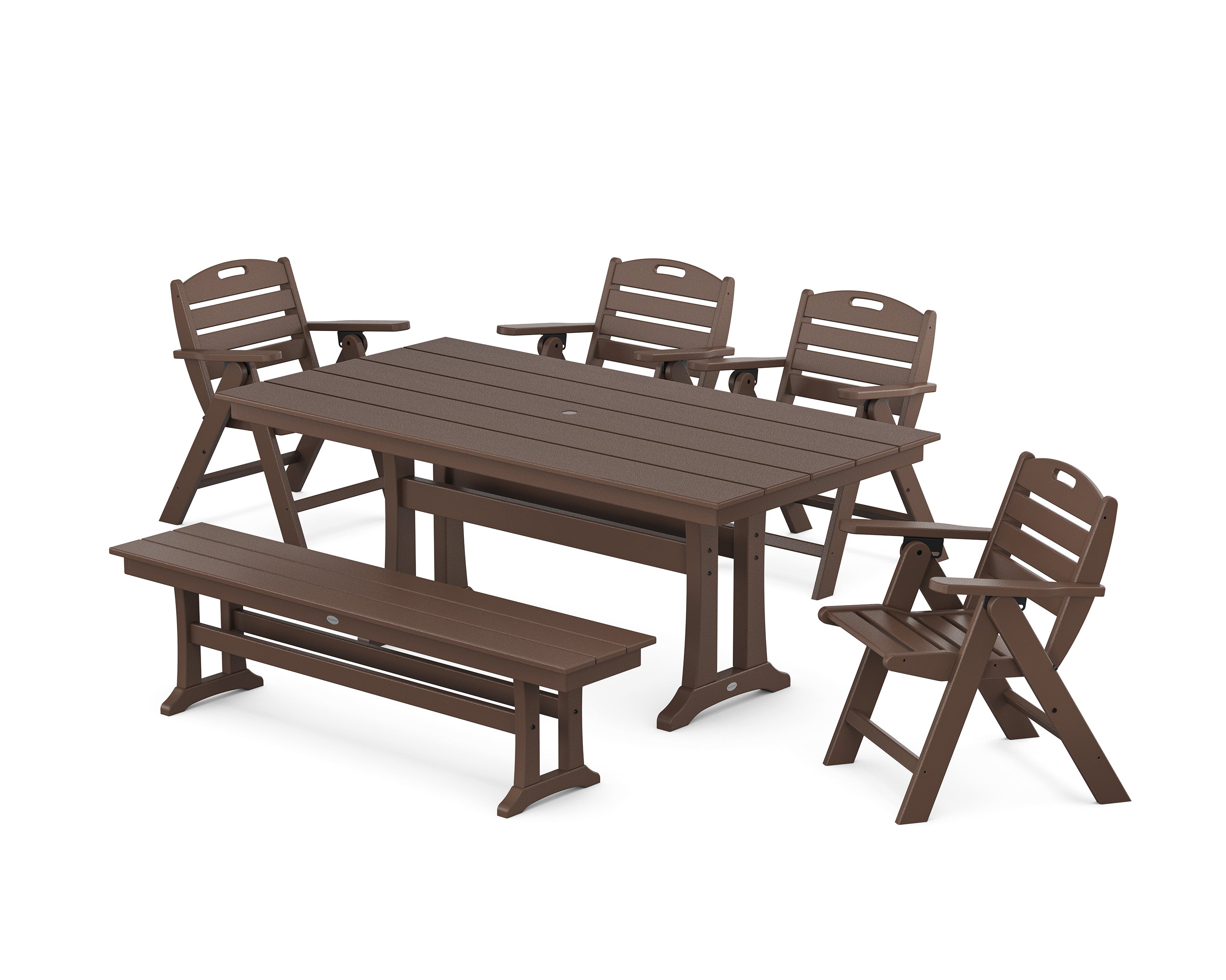POLYWOOD® Nautical Lowback 6-Piece Farmhouse Dining Set with Trestle Legs and Bench in Mahogany