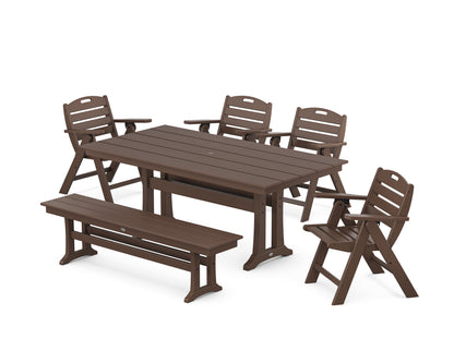 POLYWOOD® Nautical Lowback 6-Piece Farmhouse Dining Set with Trestle Legs and Bench in Mahogany