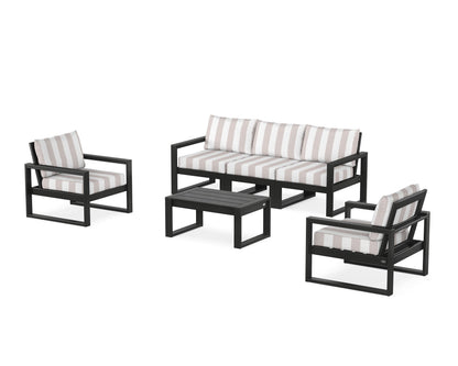 POLYWOOD® EDGE Sectional 4-Piece Deep Seating Set with Sofa in Black / Cabana Stripe Dune Burlap
