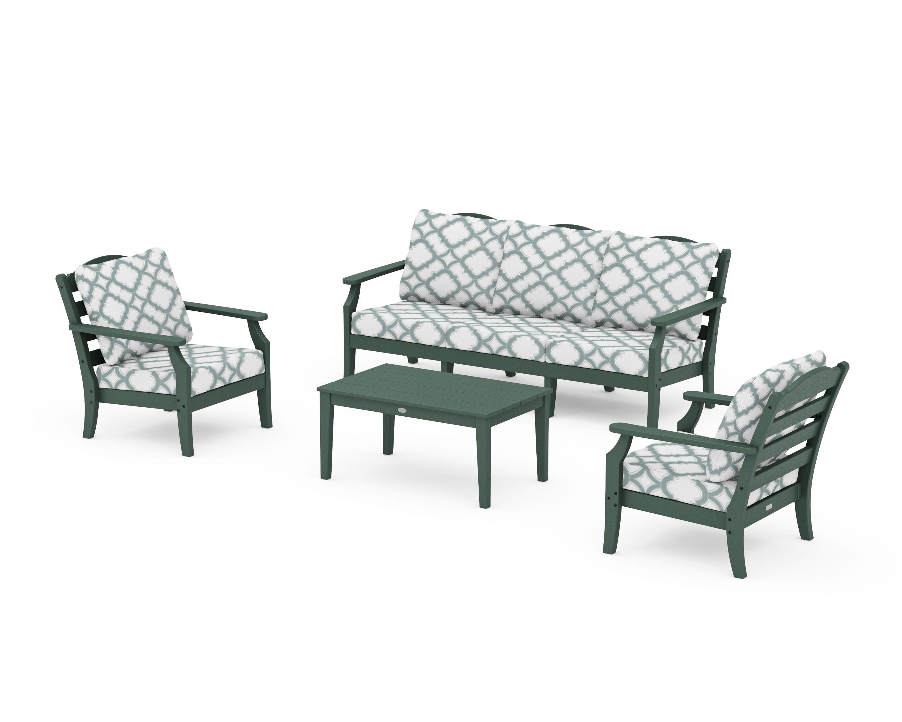 Draper James™ by  POLYWOOD® Savannah 4-Piece Deep Seating Set with Sofa in Green / Trellis Glacier Spa