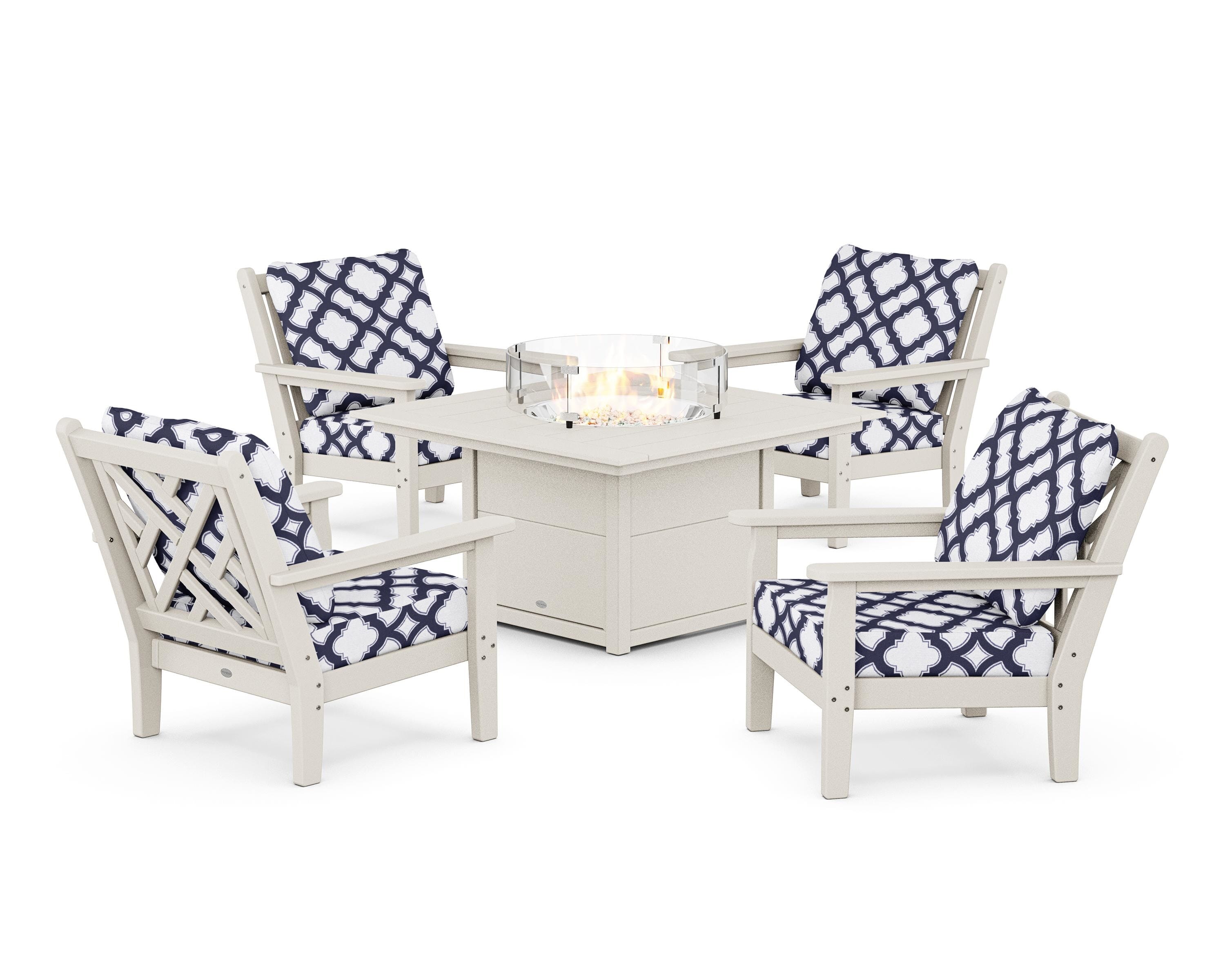 POLYWOOD® Chippendale 5-Piece Deep Seating Set with Fire Pit Table in Sand / Trellis Navy