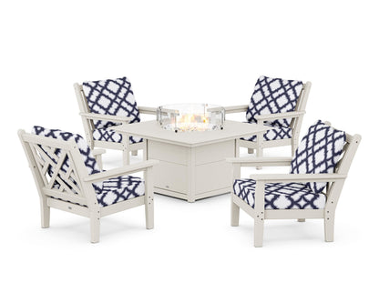 POLYWOOD® Chippendale 5-Piece Deep Seating Set with Fire Pit Table in Sand / Trellis Navy
