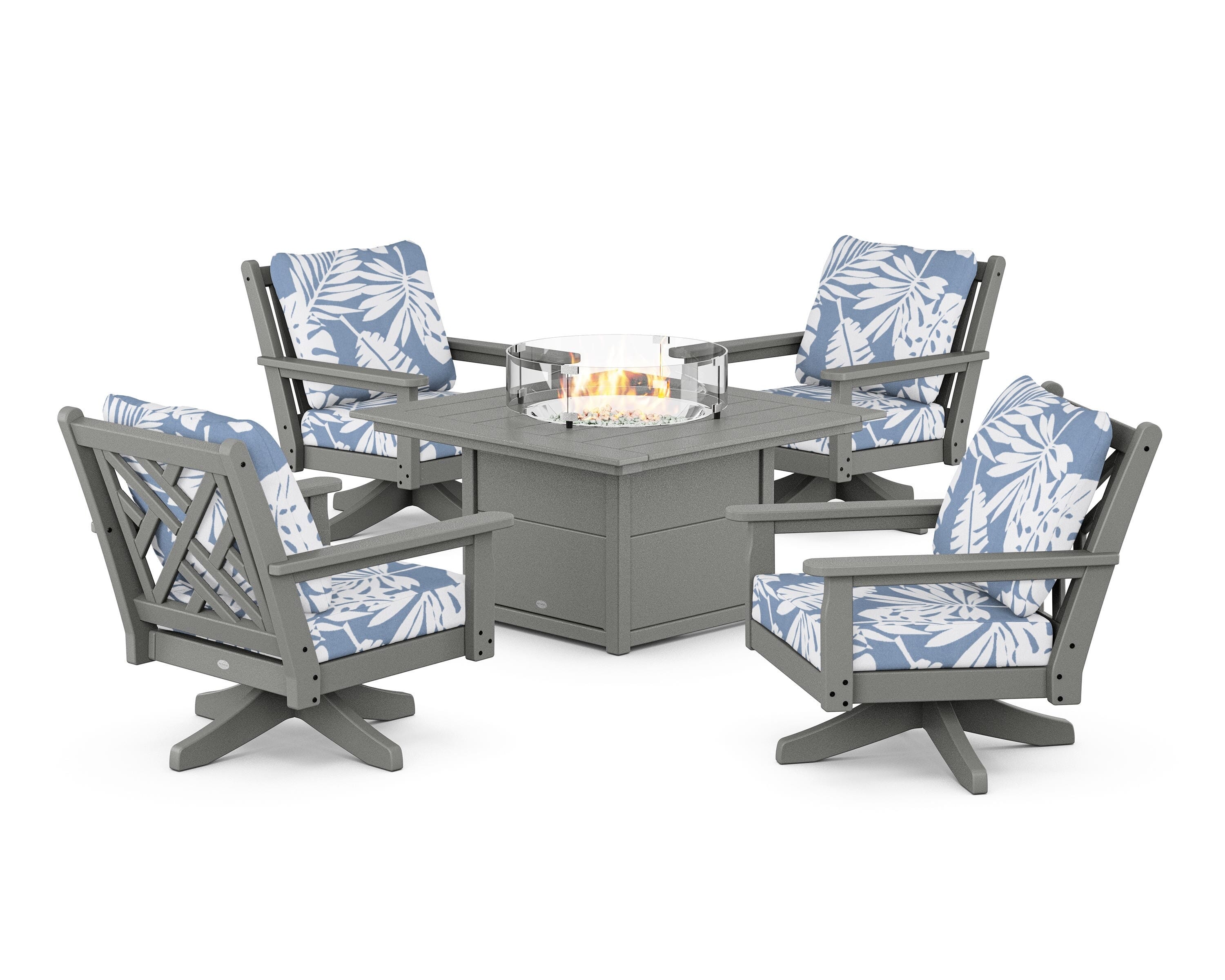 POLYWOOD® Chippendale 5-Piece Deep Seating Swivel Conversation Set with Fire Pit Table in Slate Grey / Leaf Sky Blue
