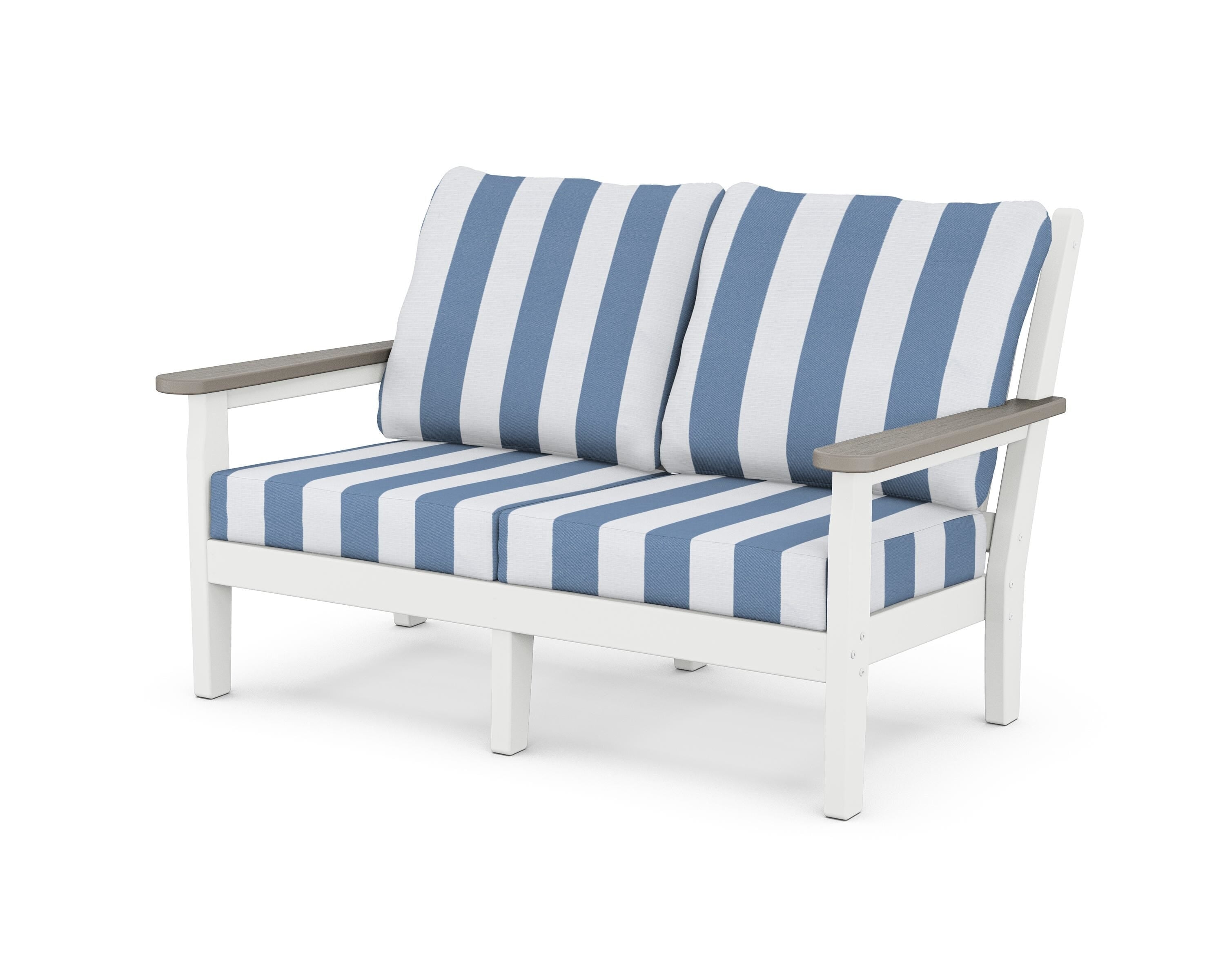 POLYWOOD® Chippendale Deep Seating Loveseat in White / Driftwood / Cabana Stripe Sky Blue