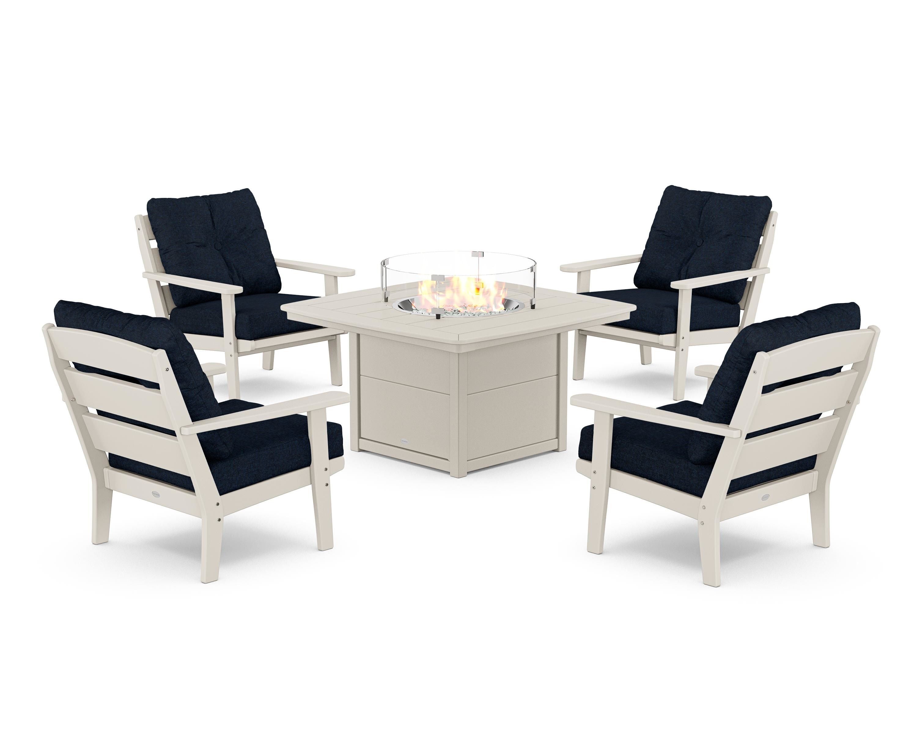 POLYWOOD® Lakeside 5-Piece Deep Seating Set with Nautical Fire Pit Table in Sand / Marine Indigo