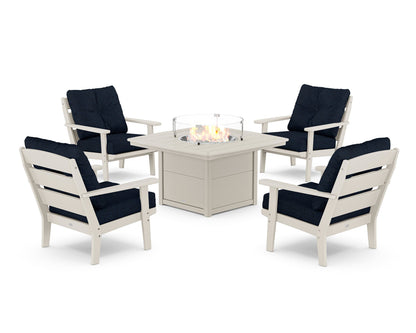 POLYWOOD® Lakeside 5-Piece Deep Seating Set with Nautical Fire Pit Table in Sand / Marine Indigo