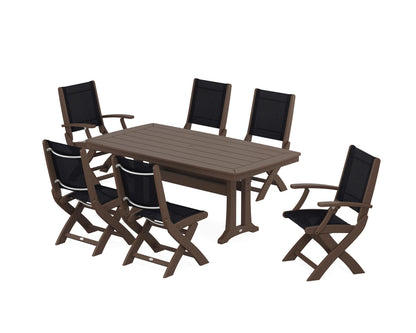 POLYWOOD® Coastal Folding Chair 7-Piece Dining Set with Trestle Legs in Mahogany / Black Sling
