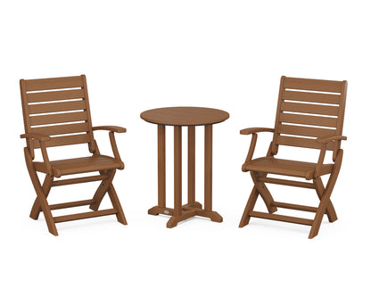 POLYWOOD® Signature Folding Chair 3-Piece Round Farmhouse Bistro Dining Set in Teak