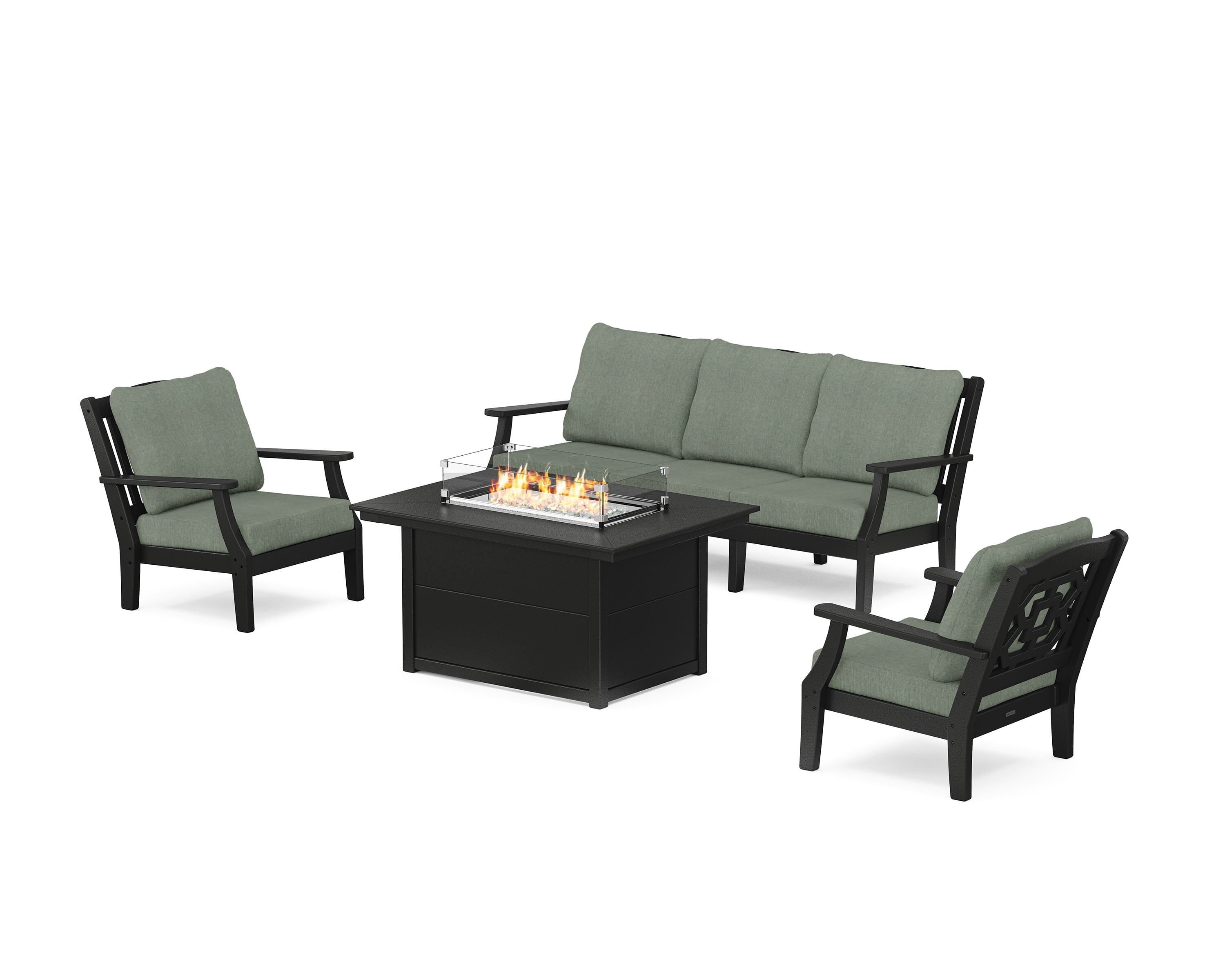 Martha Stewart by POLYWOOD® Chinoiserie Deep Seating Fire Pit Table Set in Black / Cast Sage