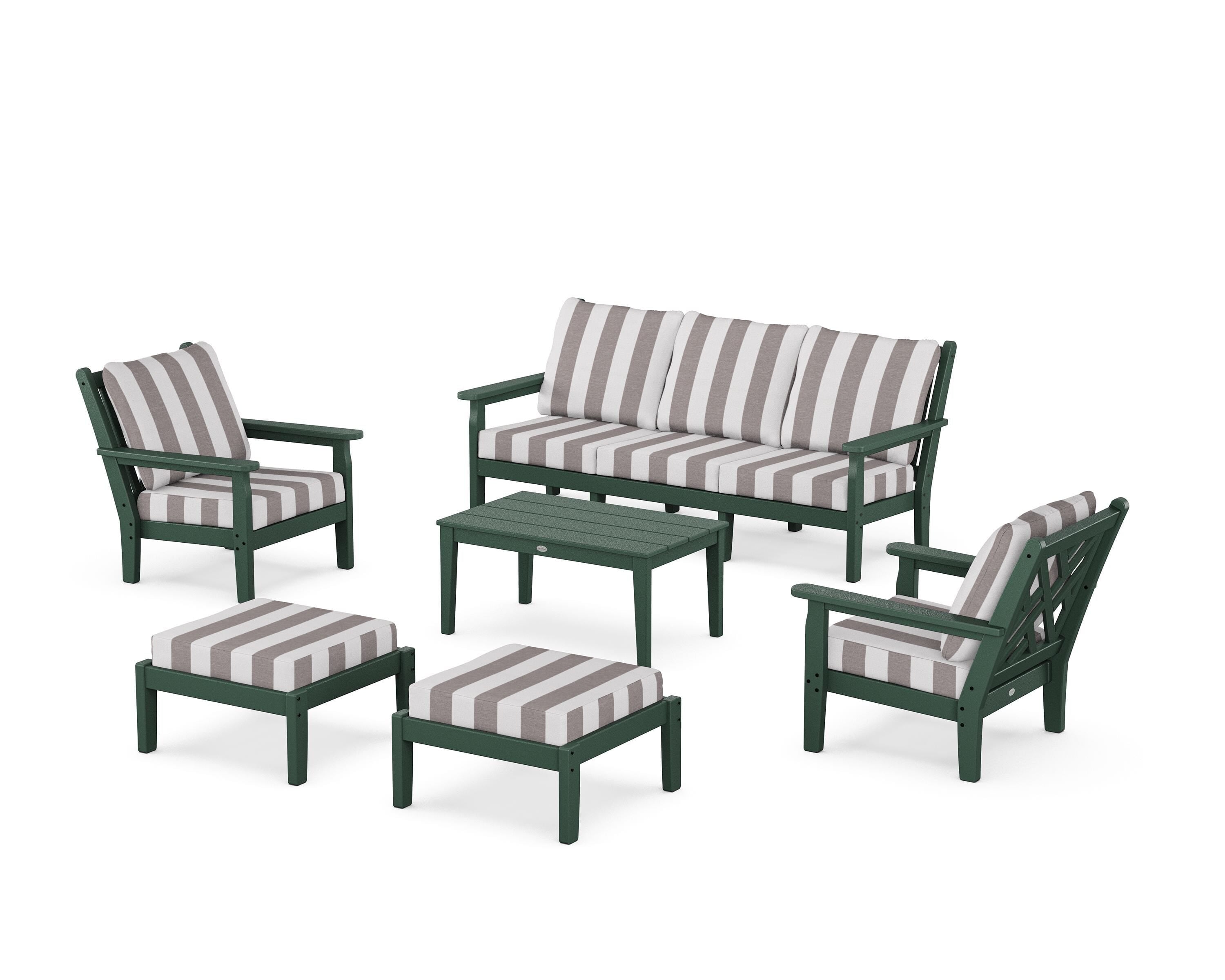 POLYWOOD® Chippendale 6-Piece Lounge Sofa Set in Green / Cabana Stripe Grey Mist