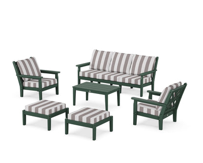 POLYWOOD® Chippendale 6-Piece Lounge Sofa Set in Green / Cabana Stripe Grey Mist